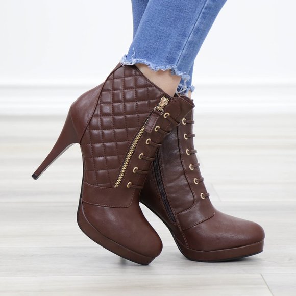 Brown Platform High Heel Ankle Boots - Picture 5 of 14
